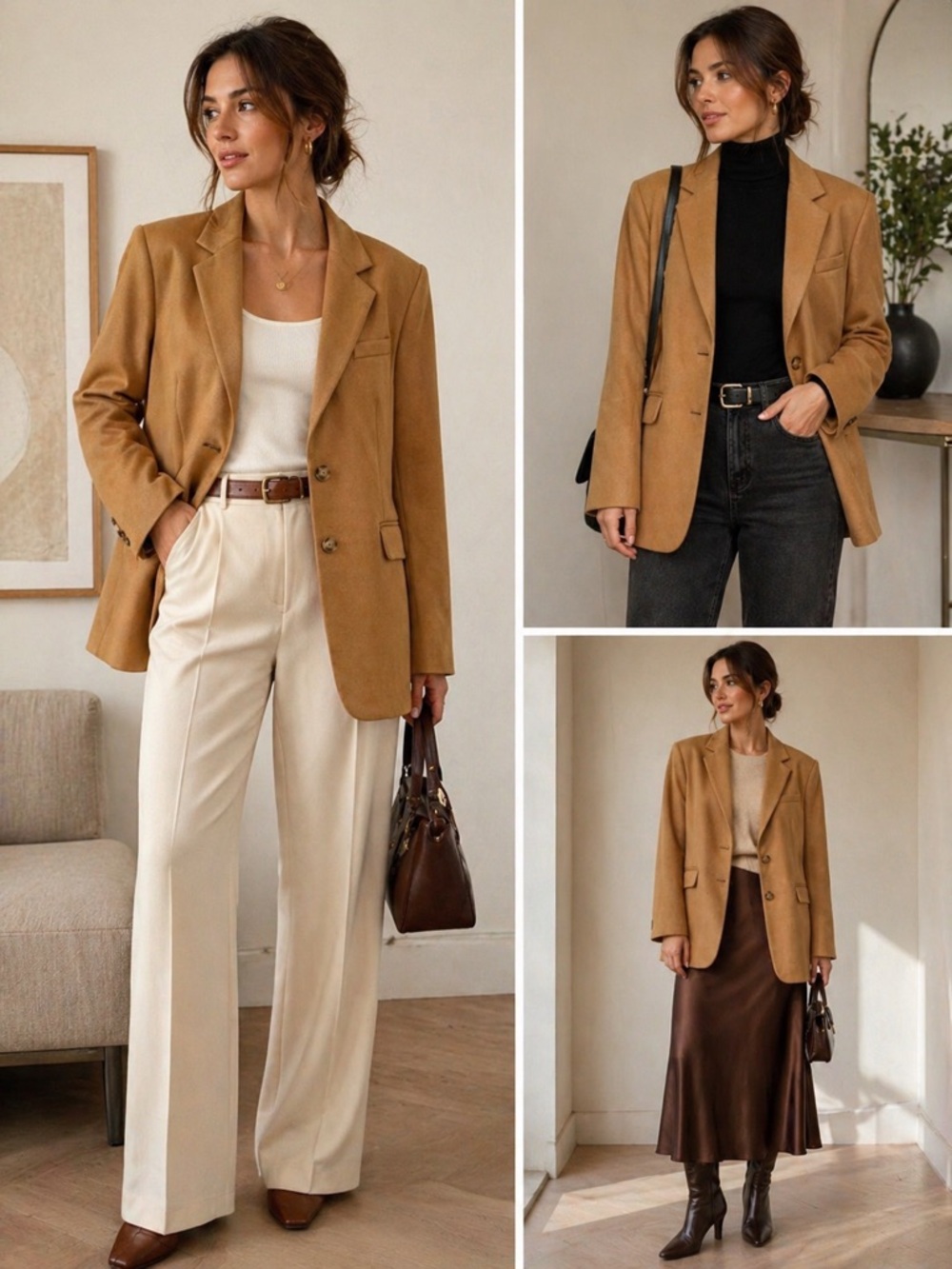 Womens Camel Blazer Oversized Jacket - Classic Tailored Suit Jacket Size Large